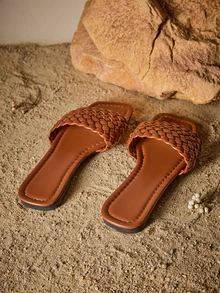 Tropiscape Women's Fashion Vacation Style Flat Woven Slippers, Comfortable & Stylish, Breathable Beach Sandals, Retro Brown/Black/White/Pink/Magenta/Red Colored Slip-On Slouchy Shoes Cottagecore,SummerOutfit - Brown - View 3