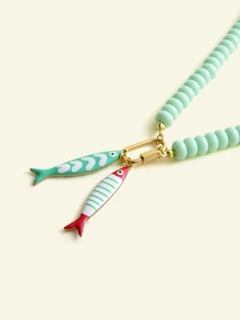 Trivaya Colorful Drip Oil Stainless Steel Striped Fish Bone Pendant Necklace, Handmade Beaded Multi-Pendant Necklace, Versatile Accessory For Vacation And Gift - Necklace - View 4