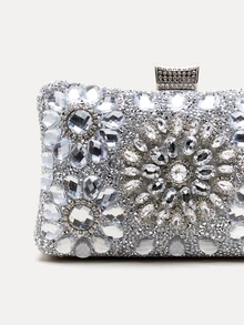 TuEzra Women's Fashion Sparkling Rhinestone Box Style Evening Bag, Sunflower Crystal Rhinestone Formal Dress Clutch Bag For Romantic Wedding, Bride Purse, Formal Party, Prom, Dates, Glamorous Rhinestone Bag - Silver - View 5