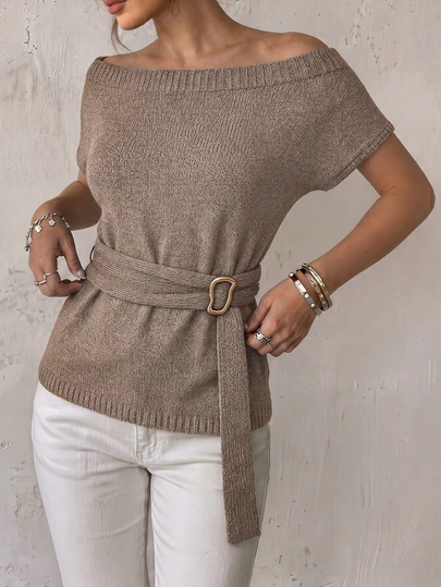 New Summer Off-Shoulder Knit Top With Belt, Short Sleeve Design, Lightweight Mature Style, Suitable For Spring/Summer Commute And Casual Wear