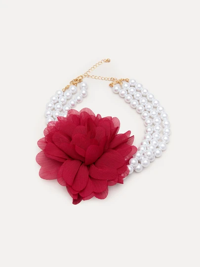 TuEzra 1pc Elegant Beaded Multi-Color Fabric Net Floral Triple Pearl Unique Necklace For Women