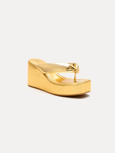 TuEzra Women's Fashion Golden Metallic Flip-Flops Wedge Heel Platform Waterproof High Heel Sandals, Glamorous Party And Holiday Shoes,Spring Summer Outfits