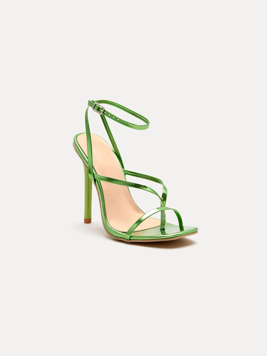 TuEzra [Giày cao gót thời trang nữ] Sandal quai ngang bằng da PU kim loại, sandal quai hở, sandal xỏ ngón, sandal mũi vuông kim loại, sandal gót kim loại bạc, sandal gót mỏng, sandal thường ngày mùa hè ngoài trời, sandal bạc nữ, giày cao gót nhọn - màu xanh lá - Xem 1