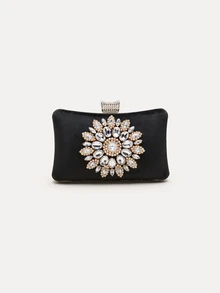 TuEzra Women's Glitzy Rhinestone Embellished Mini Evening Clutch Bag With Detachable Chain Strap - Black - View 1