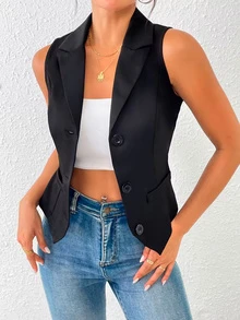 Áo vest nữ không tay cổ bẻ màu đen, kiểu dáng ôm sát, cài nút, thích hợp mặc đi làm và hàng ngày, mùa hè. - màu đen - Xem 2
