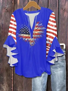 Plus Size Women V-Neck Ruffle Sleeve Blouse - Blue - View 1