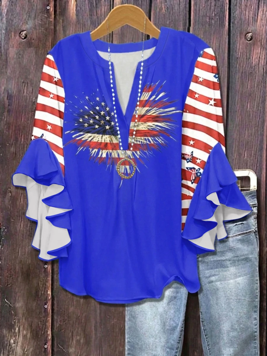 Plus Size Women V-Neck Ruffle Sleeve Blouse - Blue - View 1