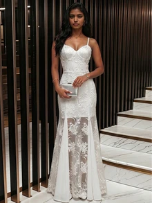 Women's Elegant White Shiny Lace Fitted Spaghetti Strap Maxi Dress, Suitable For Dates, Parties, Birthday Parties, Cocktail Parties, Formal Dinners - White - View 2