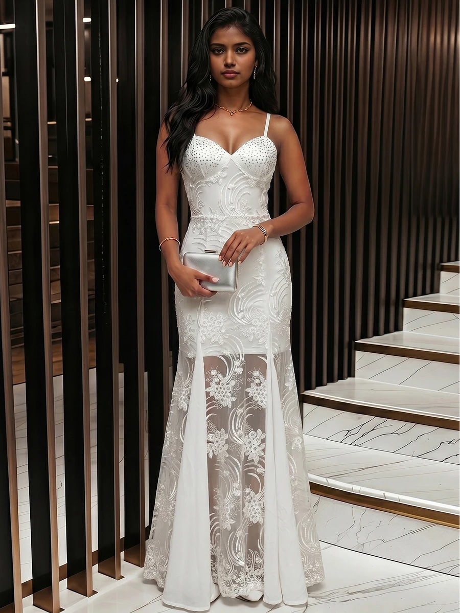 Women's Elegant White Shiny Lace Fitted Spaghetti Strap Maxi Dress, Suitable For Dates, Parties, Birthday Parties, Cocktail Parties, Formal Dinners