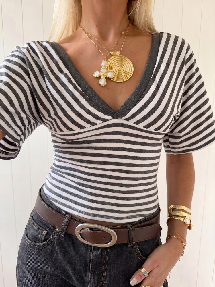 Áo croptop nữ mùa hè kẻ sọc cổ chữ V, áo thun tay ngắn ôm dáng, phong cách Y2K thường ngày, trang phục đường phố. - Nhiều màu - Xem 2