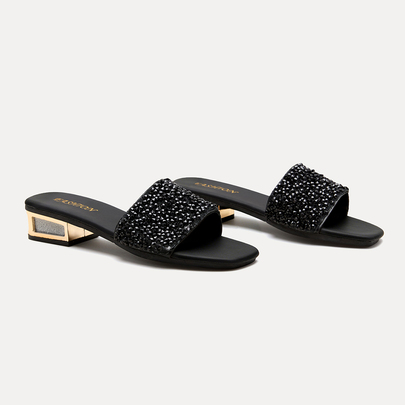 Sandali con tacco largo, eleganti e casual, con cristalli e strass neri e dorati, comodi e versatili, adatti per caffÃ¨, centri commerciali, casa e pa