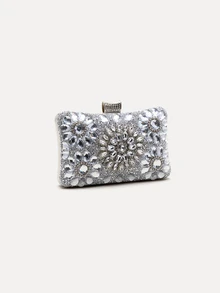 TuEzra Women's Fashion Sparkling Rhinestone Box Style Evening Bag, Sunflower Crystal Rhinestone Formal Dress Clutch Bag For Romantic Wedding, Bride Purse, Formal Party, Prom, Dates, Glamorous Rhinestone Bag - Silver - View 2
