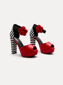 TuEzra Spring/Summer Women's High Heel Shoes, Rose Flower Design, Suitable For Wedding, Party, Peep Toe, Chunky Heel, Platform, Waterproof Sandals - Red - View 2