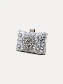 TuEzra Women's Fashion Sparkling Rhinestone Box Style Evening Bag, Sunflower Crystal Rhinestone Formal Dress Clutch Bag For Romantic Wedding, Bride Purse, Formal Party, Prom, Dates, Glamorous Rhinestone Bag - Silver - View 4