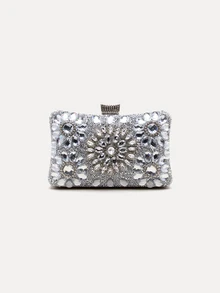 TuEzra Women's Fashion Sparkling Rhinestone Box Style Evening Bag, Sunflower Crystal Rhinestone Formal Dress Clutch Bag For Romantic Wedding, Bride Purse, Formal Party, Prom, Dates, Glamorous Rhinestone Bag - Silver - View 1