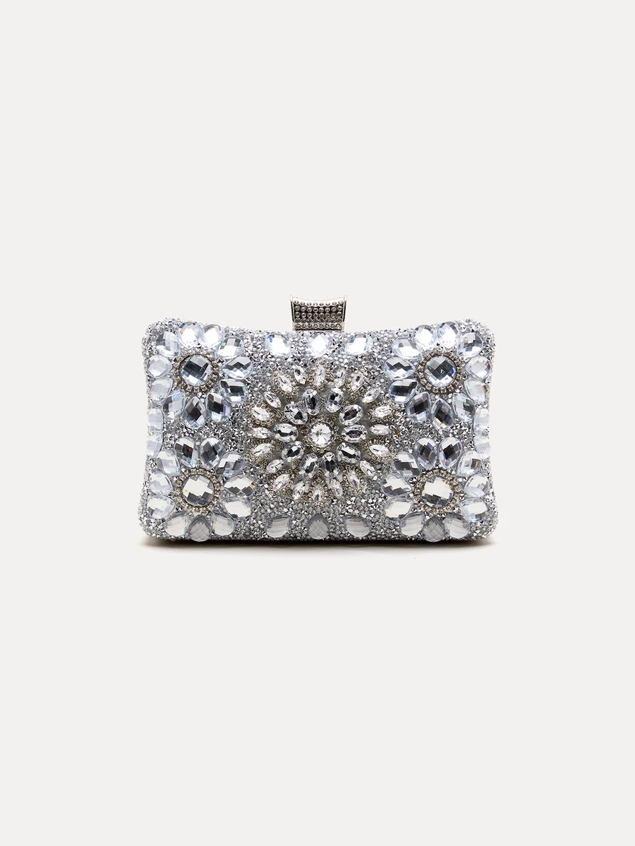 TuEzra Women's Fashion Sparkling Rhinestone Box Style Evening Bag, Sunflower Crystal Rhinestone Formal Dress Clutch Bag For Romantic Wedding, Bride Purse, Formal Party, Prom, Dates, Glamorous Rhinestone Bag - Silver - View 1