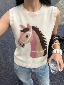 Top de punto sin mangas con estampado de caballo de colores contrastantes para mujer, color blanco - Blanco - Ver 2