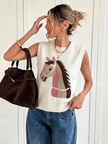 Top de punto sin mangas con estampado de caballo de colores contrastantes para mujer, color blanco - Blanco - Ver 3