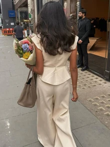 女款 2 件式優雅套裝，領口綁帶上衣與寬腿褲休閒套裝，辦公通勤夏季穿搭，商務、度假、奢華、生日 - 杏色 - 查看 5