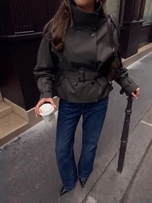 女款純色前開鈕扣口袋腰帶優雅通勤街頭風風衣外套，秋冬黑色，美學風格 - 黑色 - 查看 2
