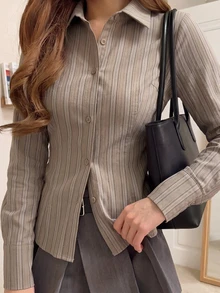 女款條紋長袖襯衫，復古性感可愛腰帶短版上衣，復古時尚休閒優雅女裝上衣 - 卡其色 - 查看 2