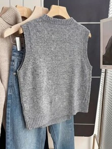 Trang phục mùa hè cho nữ: Áo vest dệt kim không tay cổ tròn, cài cúc vàng, dáng bất đối xứng, kiểu dáng thường ngày. - Xám - Xem 2