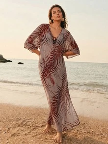 Deep V-Neck Long Sleeve Loose Leopard Print Cover-Up Dress, Bohemian Resort Style, Women Summer Beach Dress - Multicolor - View 3