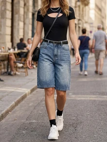 Quần lửng denim wash dáng rộng phong cách đường phố Mỹ - Màu xanh nhạt - Xem 2