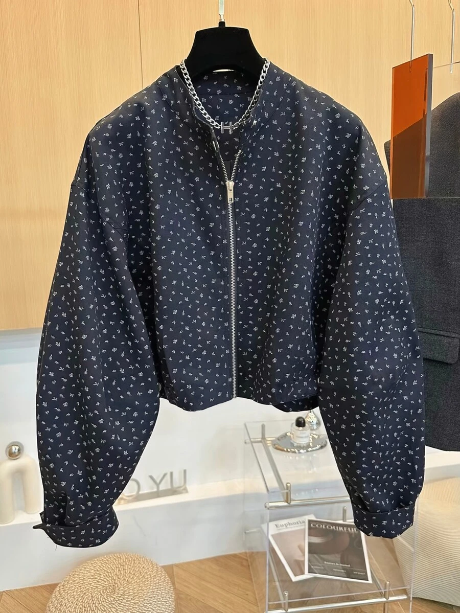 Early Autumn Women's Navy Blue Vintage Ditsy Floral Fashion Jacket, Suitable For Daily Wear - Navy Blue - View 1
