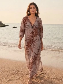 Deep V-Neck Long Sleeve Loose Leopard Print Cover-Up Dress, Bohemian Resort Style, Women Summer Beach Dress - Multicolor - View 1