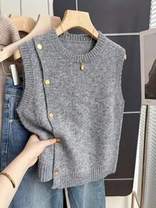 Trang phục mùa hè cho nữ: Áo vest dệt kim không tay cổ tròn, cài cúc vàng, dáng bất đối xứng, kiểu dáng thường ngày. - Xám - Xem 1
