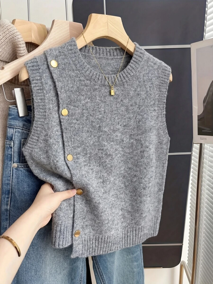 Trang phục mùa hè cho nữ: Áo vest dệt kim không tay cổ tròn, cài cúc vàng, dáng bất đối xứng, kiểu dáng thường ngày. - Xám - Xem 1