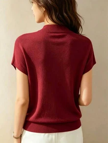 Áo thun ngắn tay dáng rộng mới, chất liệu sợi mịn, kiểu dáng độc đáo, áo dệt kim không tay, áo lót màu trơn mùa hè. - Màu Đỏ Sâu - Xem 2
