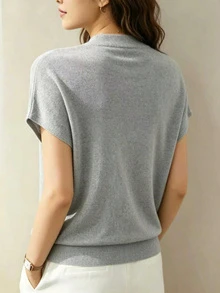 Áo thun ngắn tay dáng rộng mới, chất liệu sợi mịn, kiểu dáng độc đáo, áo dệt kim không tay, áo lót màu trơn mùa hè. - Xám - Xem 2