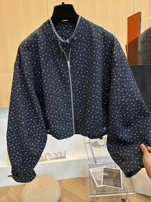 Early Autumn Women's Navy Blue Vintage Ditsy Floral Fashion Jacket, Suitable For Daily Wear - Navy Blue - View 3