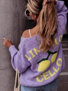 Áo khoác cardigan nữ dáng rộng cổ chữ V, họa tiết chanh, chất liệu mềm mại, tay áo phồng thời trang, áo len dài tay cài cúc phía trước, món đồ thiết yếu cho đầu xuân. - Màu Lilac Tím - Xem 3