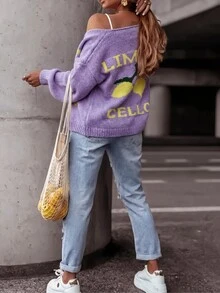 Áo khoác cardigan nữ dáng rộng cổ chữ V, họa tiết chanh, chất liệu mềm mại, tay áo phồng thời trang, áo len dài tay cài cúc phía trước, món đồ thiết yếu cho đầu xuân. - Màu Lilac Tím - Xem 4