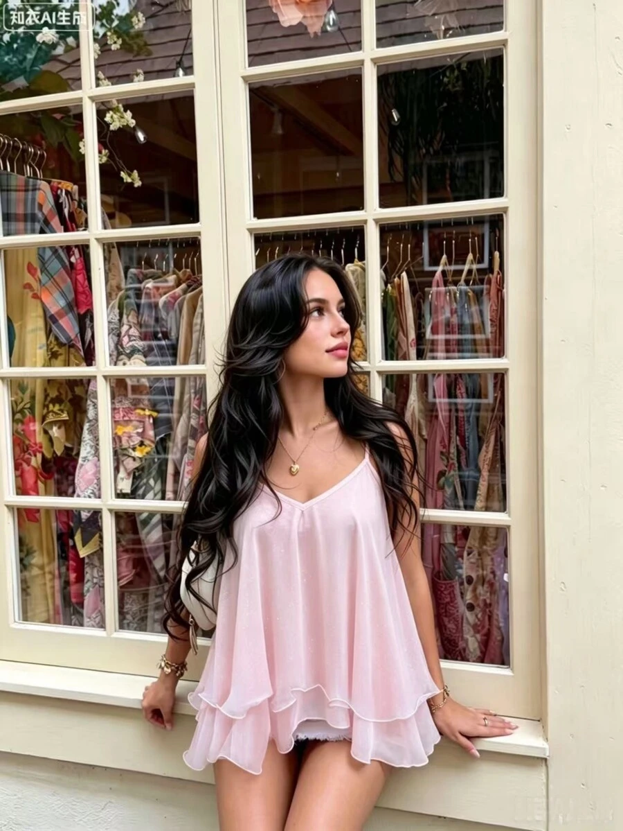 Camisola brillante de doble capa con volantes de gasa, cuello en V, dobladillo asimétrico y tirantes ajustables de espagueti para mujer, casual - Rosa - Ver 1