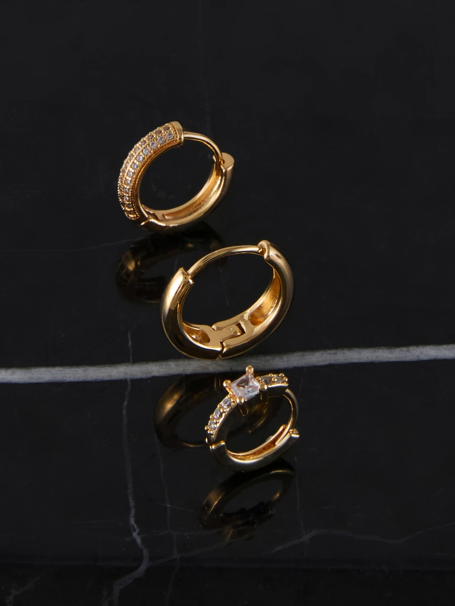 CHICVUE 3 paires (6 pièces) Ensemble de boucles d'oreilles en zircone élégantes, cadeau de bijoux pour femmes - Doré - Voir 1