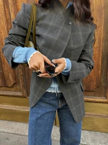 Glazenia Women's Spring/Summer New Plaid Asymmetric Casual Blazer, Vintage Design Elegant Elegant - Royal Blue - View 2