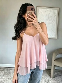 Camisola brillante de doble capa con volantes de gasa, cuello en V, dobladillo asimétrico y tirantes ajustables de espagueti para mujer, casual - Rosa - Ver 2