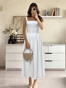 Women's White Elegant Patchwork Lace Trim Spaghetti Strap Dress - White - View 4