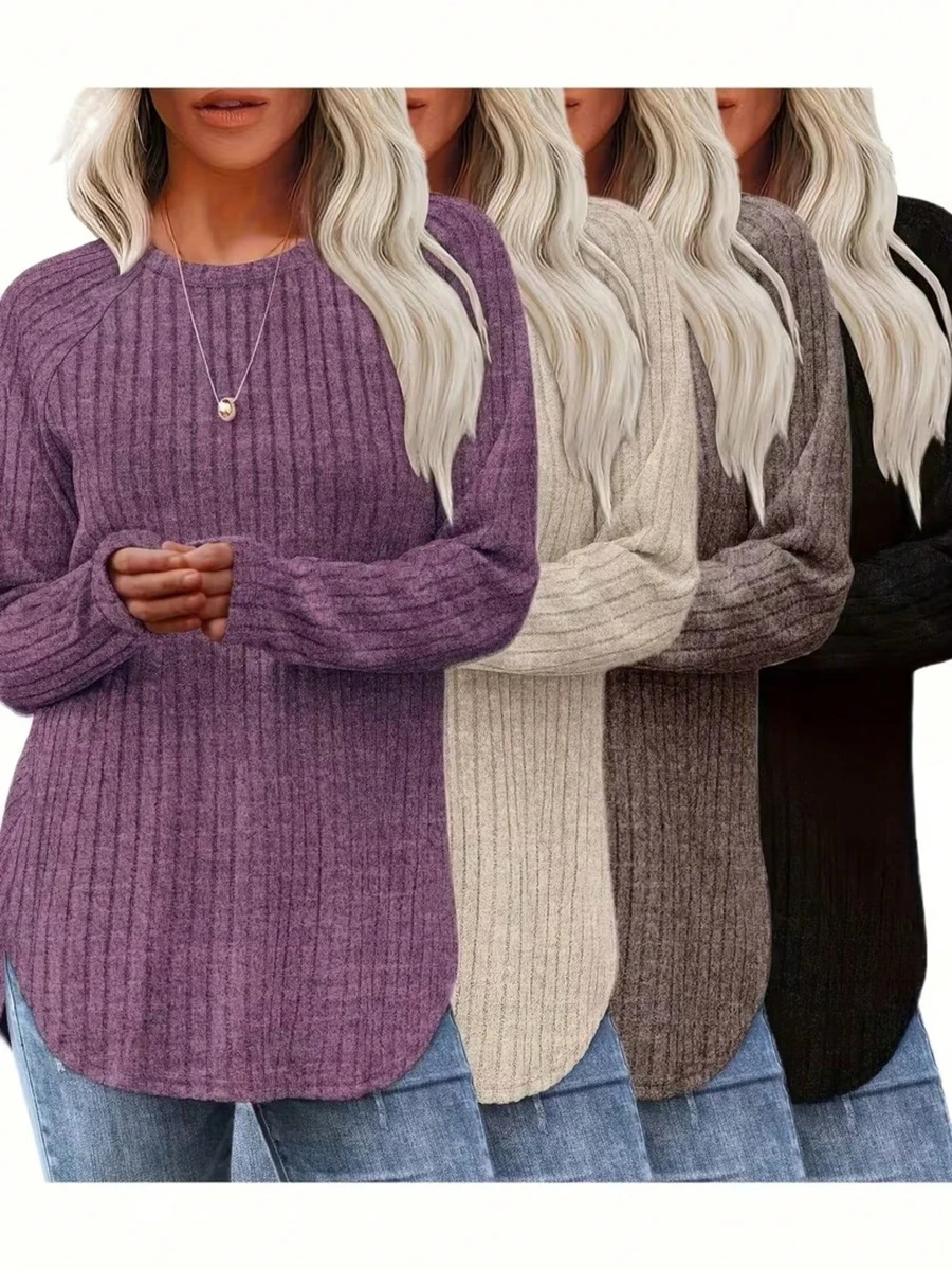 4pcs Women's Ribbed Knit Long Sleeve Crew Neck Tops, Regular Fit, Suitable For Autumn/Winter, Casual Knit Fabric With Slight Stretch - Multicolor - View 1