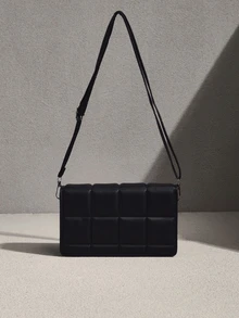 NobleVue Bolsa cuadrada mini de cuadros en relieve con solapa - Negro - Ver 4