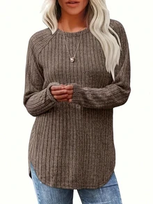 4pcs Women's Ribbed Knit Long Sleeve Crew Neck Tops, Regular Fit, Suitable For Autumn/Winter, Casual Knit Fabric With Slight Stretch - Multicolor - View 4