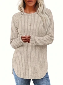 4pcs Women's Ribbed Knit Long Sleeve Crew Neck Tops, Regular Fit, Suitable For Autumn/Winter, Casual Knit Fabric With Slight Stretch - Multicolor - View 2