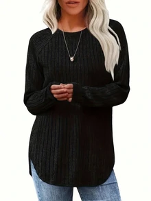 4pcs Women's Ribbed Knit Long Sleeve Crew Neck Tops, Regular Fit, Suitable For Autumn/Winter, Casual Knit Fabric With Slight Stretch - Multicolor - View 5