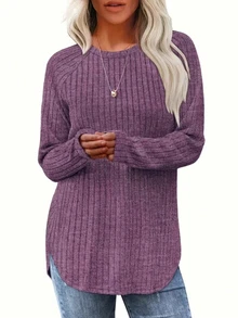 4pcs Women's Ribbed Knit Long Sleeve Crew Neck Tops, Regular Fit, Suitable For Autumn/Winter, Casual Knit Fabric With Slight Stretch - Multicolor - View 3