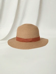 Clariva 1pc Vacation Casual Woven Jazz Straw Hat - Khaki + Brown Ribbon - View 2