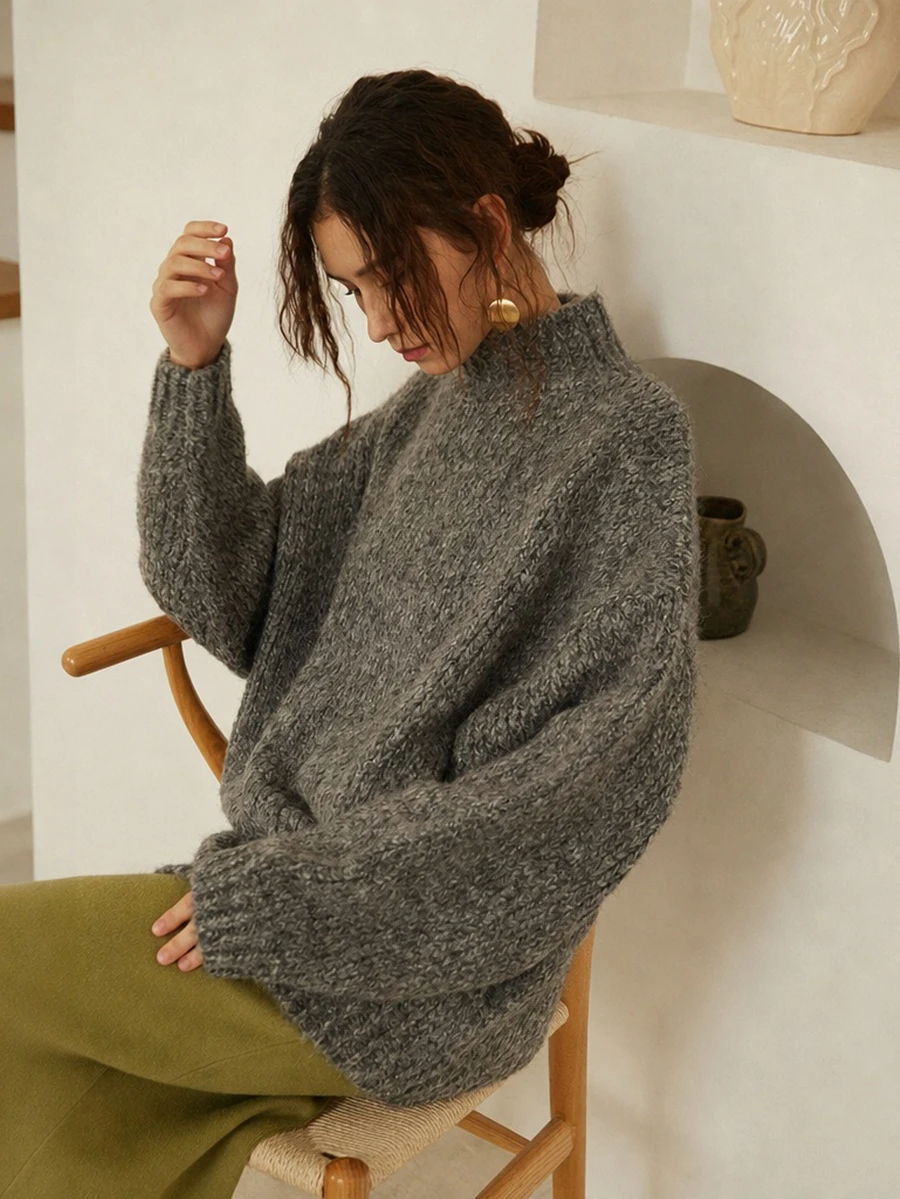 Knit Mix 優雅女款粗針織法式高領長袖毛衣，低調復古硬幣圖案套頭衫，秋季休閒款